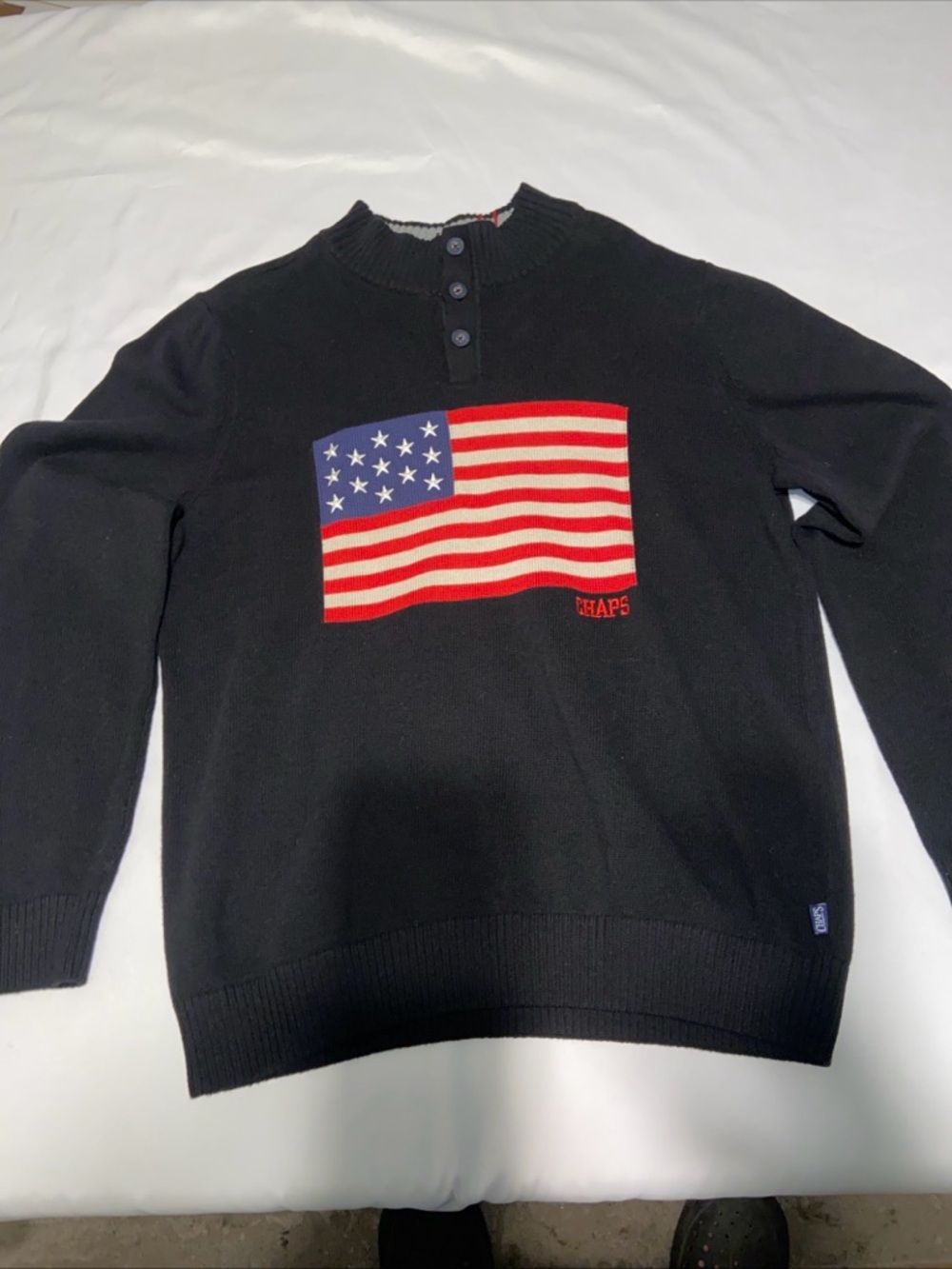 Chaps Black Crewneck Sweater with Red, White & Blue Flag